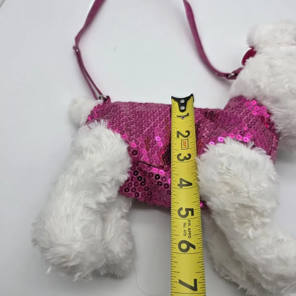 Poochie & Co White Poodle Plush Purse Hot Pink Sequin Girls Shoulder Bag